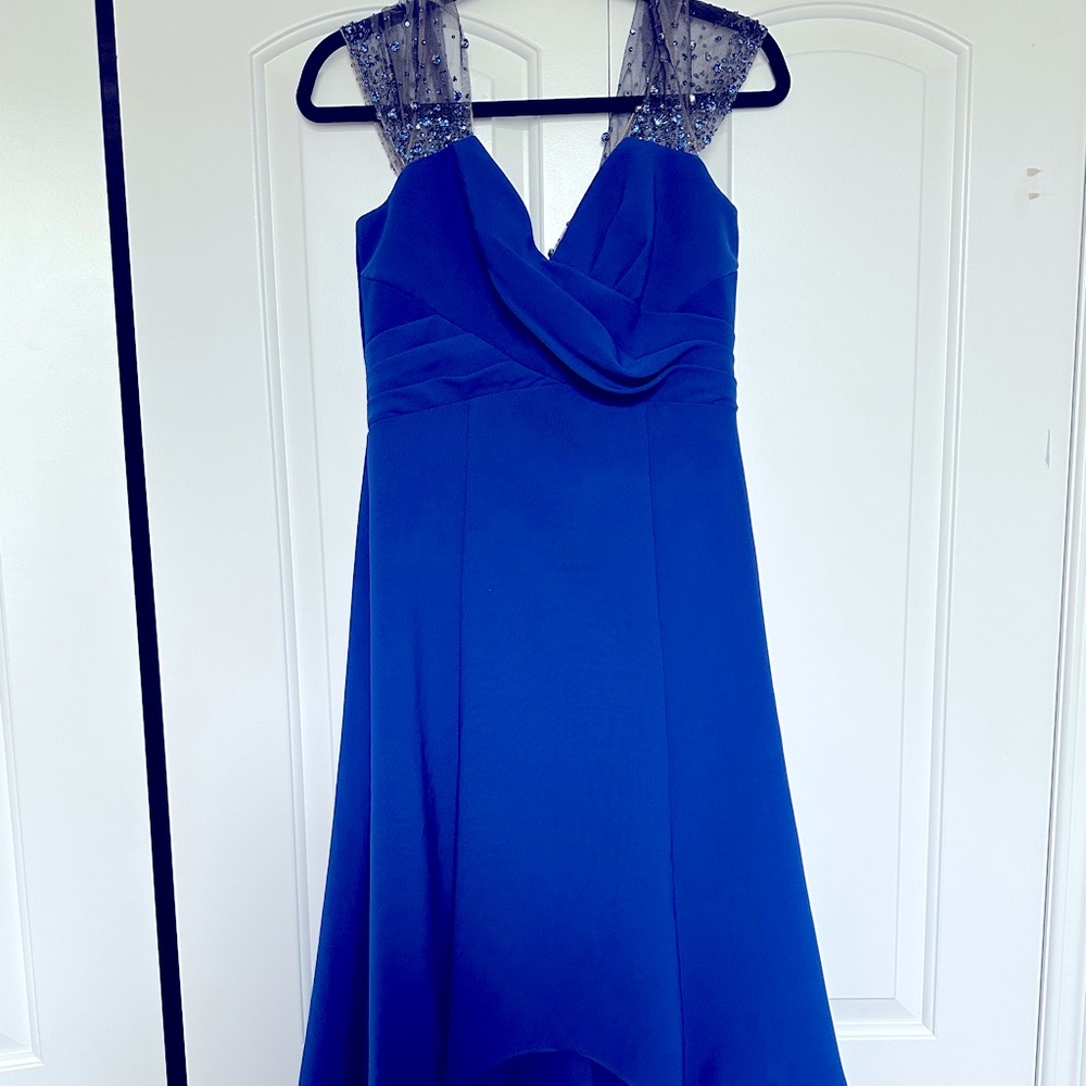 Theia Royal Blue High Low Dress with Embellished Sleeves